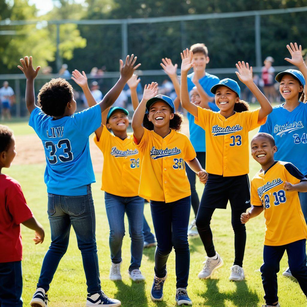 A joyful scene of diverse children, aged 8-12, happily playing baseball on a sunlit field, showcasing teamwork and friendship. They are wearing colorful jerseys, laughing, and high-fiving after a home run, with a backdrop of parents cheering in the stands and a bright blue sky. The image should evoke a sense of community, sportsmanship, and the joy of youth. vibrant colors. super-realistic.