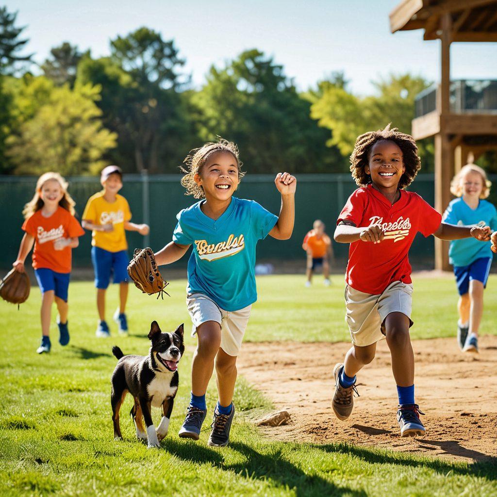 A lively baseball field scene with enthusiastic young players in colorful uniforms, joyfully swinging wooden bats and catching fly balls. Show a diverse group of children smiling and celebrating together, with parents cheering from the sidelines, and a bright sun shining down. Include playful dogs running around, and a picnic set up near the bleachers, symbolizing community spirit. Capture the essence of childhood joy and teamwork. vibrant colors. super-realistic.