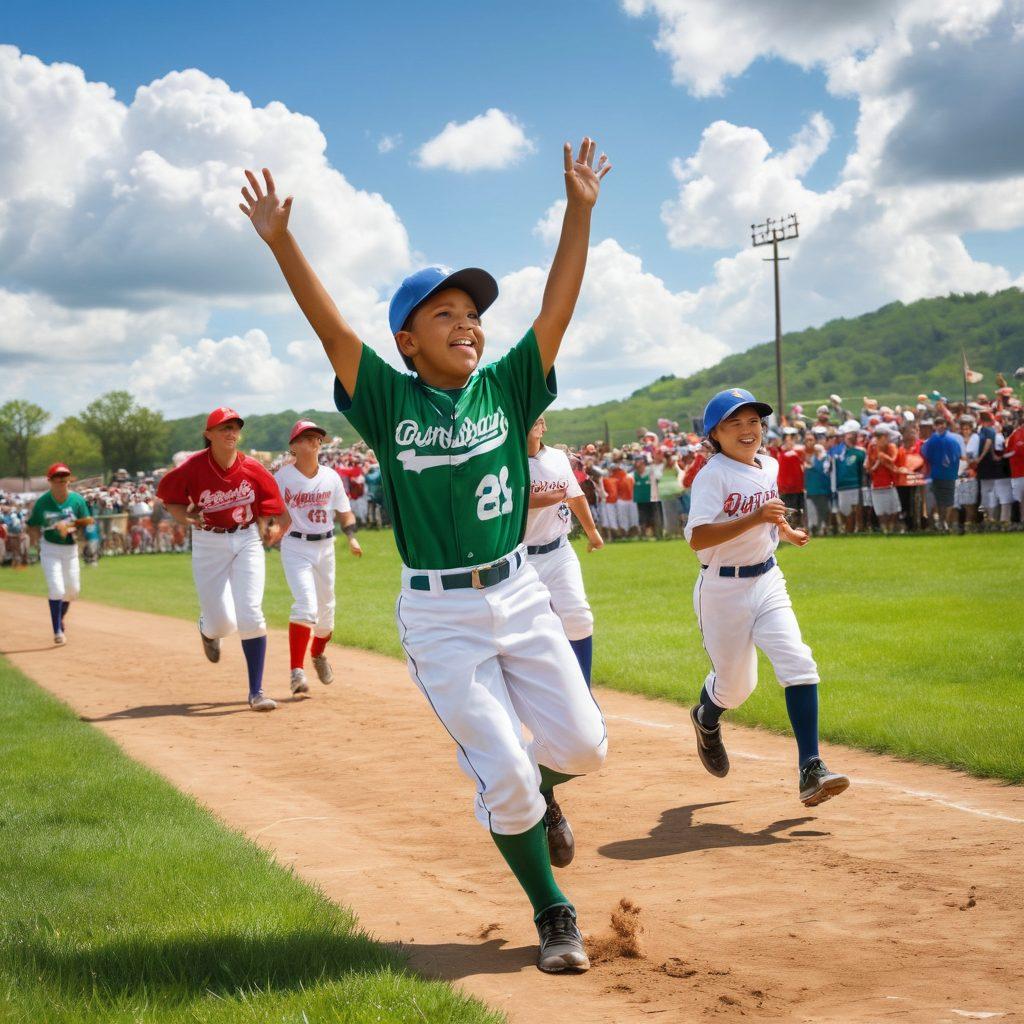 A vibrant scene of a youth baseball tournament, showcasing players in colorful uniforms running joyfully around a diamond. Capture heartfelt moments: a coach encouraging a player, families cheering in the background with banners, and children sharing high-fives. Include elements of teamwork, excitement, and community spirit. The sky is sunny with fluffy clouds, and the field is lush green. super-realistic. vibrant colors.